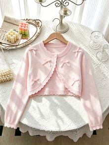 SHEIN Tween Girl Sweet Bow Decor Button Knit Cardigan - Pink - View 3
