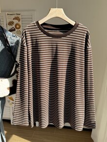 Comfortcana Plus Size Autumn/Winter Vintage Stretch Knit Striped Textured Loose Drop Shoulder Long Sleeve T-Shirt - Brown - View 1