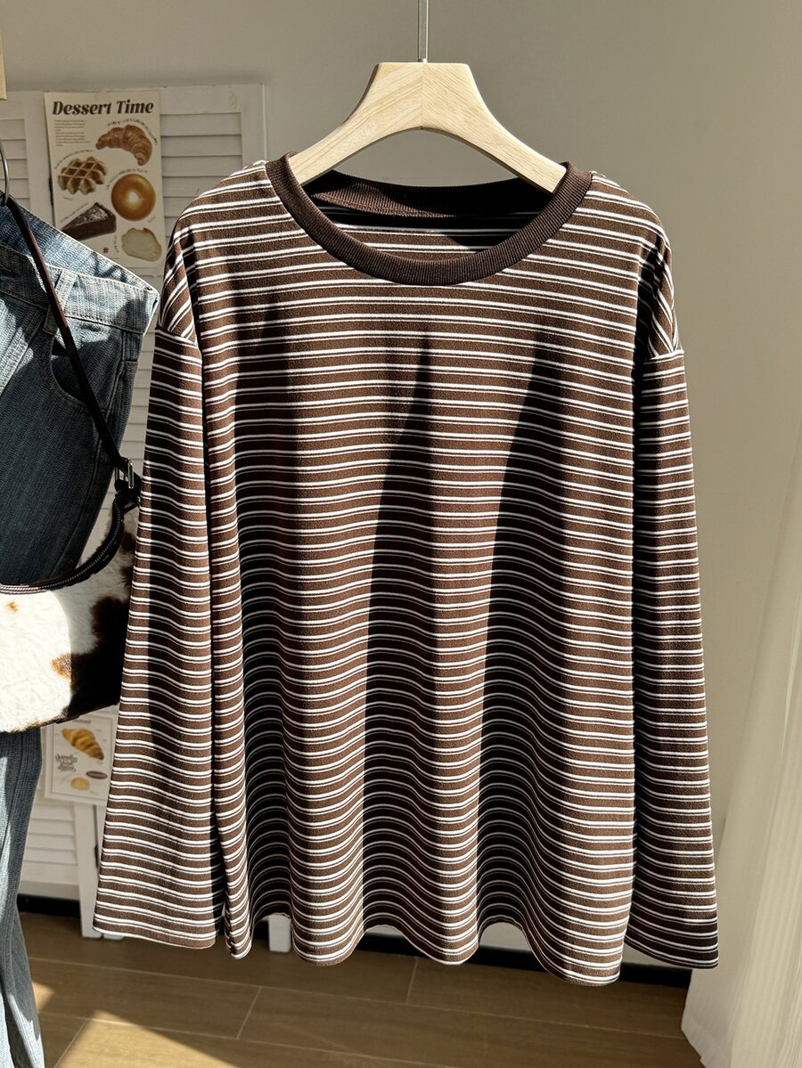 Comfortcana Plus Size Autumn/Winter Vintage Stretch Knit Striped Textured Loose Drop Shoulder Long Sleeve T-Shirt - Brown - View 1