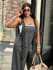 SHEIN CURVE+ Plus Size Khaki Striped Adjustable Strap Loose Wide Leg Cargo Overalls, Y2K, Utility Style, Casual Everyday, Comfortable - Multicolor - View 2