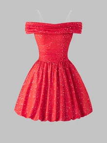 Tween Girl Ruched Off-Shoulder Elegant Fashion Dress - Red - View 4