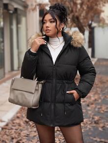 Easura Plus Size Hooded Cinched Waist Long Sleeve + Detachable Fur Collar Padded Coat - Black - View 8