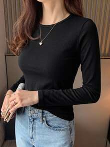 DAZY Women's Round Neck Solid Color Basic White Short Sleeve T-Shirt, Spring/Summer - Black - View 2