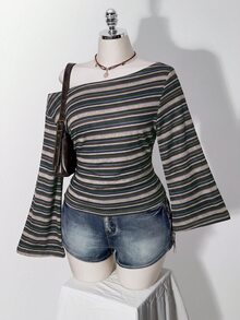 SHEIN ICON 大尺碼 Y2K 復古不對稱肩針織收腰 T-shirt 上衣，休閒復古不對稱領長袖上衣 - 彩色 - 查看 4