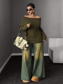Maweii Plus Size Women's Off-Shoulder Lapel Collar Tassel Rivet Decor Cinched Cinched Waist Fashion Long Sleeve Sweater - Army Green - View 1