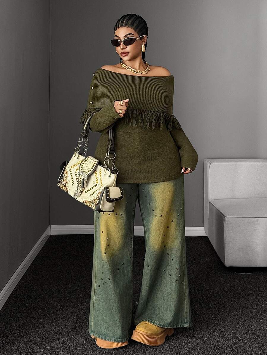 Maweii Plus Size Women's Off-Shoulder Lapel Collar Tassel Rivet Decor Cinched Cinched Waist Fashion Long Sleeve Sweater - Army Green - View 1