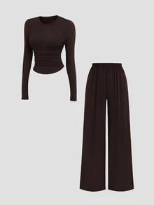 Sweetra New Casual Commute Minimalist Small Round Neck Waist-Flattering V-Hem Top And Wide Leg Pants Coffee Brown 2 Pieces Set - Coffee Brown - View 1