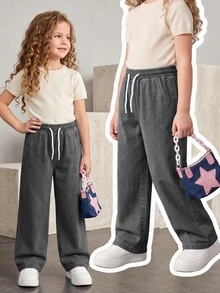 SHEIN Explorewe 女童牛仔褲，秋季新品，黑色，彈性腰帶抽繩設計，寬鬆版型，輕量柔軟牛仔布料製成，舒適親膚，適合四季穿著，日常穿搭、拍照、購物、外出、度假等多用途，2026新款女童牛仔褲 - 黑色 - 查看 4