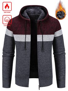 Manfinity Homme Men's Colorblock Long Sleeve Zip-Up Casual Warm Hooded Knit Sweatshirt, Old Money - Dark Grey - View 1