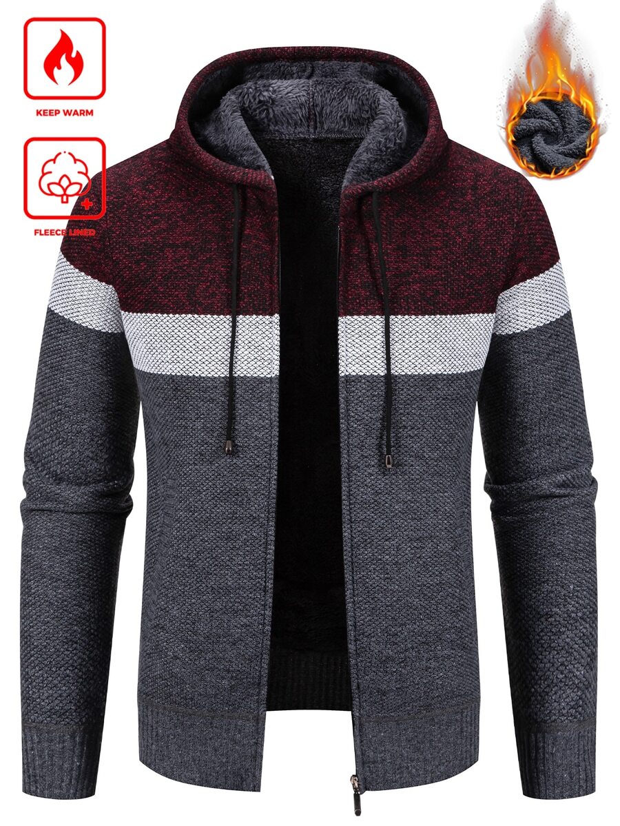 Manfinity Homme Men's Colorblock Long Sleeve Zip-Up Casual Warm Hooded Knit Sweatshirt, Old Money - Dark Grey - View 1