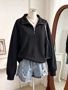SHEIN Sparklyn 青少年女孩純色休閒百搭日常長袖運動衫 - 黑色 - 查看 4