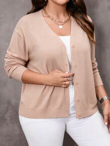 EMERY ROSE Plus Size Solid Color V-Neck Long Sleeve Cardigan - Apricot - View 6