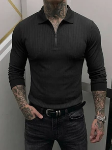 DAZY 男士長袖黑色 Polo 領修身通勤針織上衣，彈性面料，春秋款 - 黑色 - 查看 6