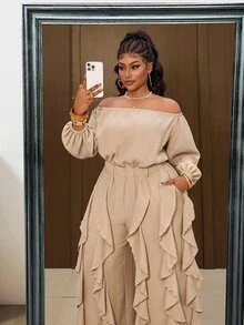 Maweii Plus Size Minimalist One Shoulder Top And Ruffle Trim Long Pants 2 Pieces Set - Khaki - View 2
