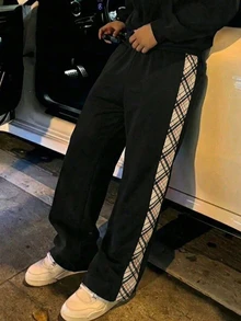 SHEIN 青少年男孩休閒拼色格紋拼接黑色運動長褲，適合秋冬返校季 - 黑色 - 查看 4