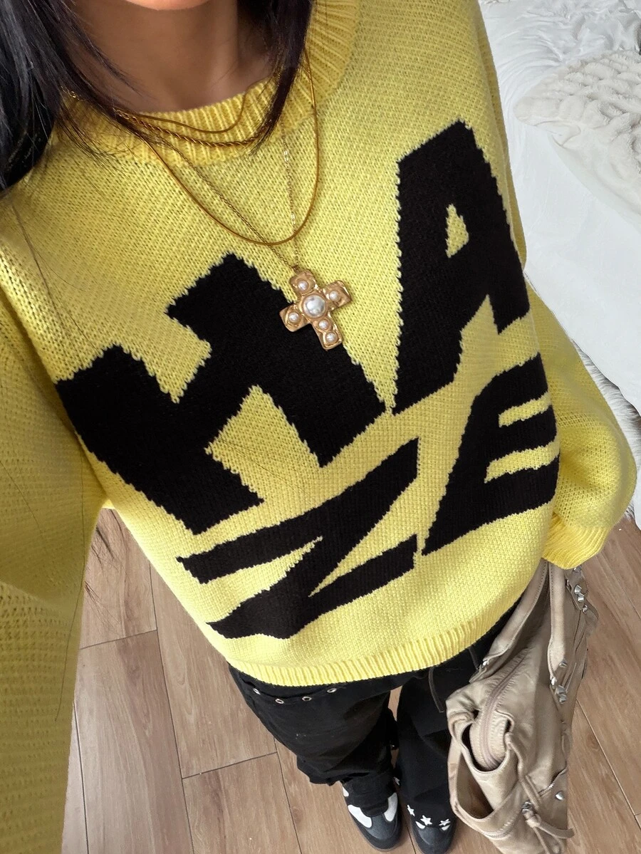 SHEIN HypeZone Minimalist Street Style Women's Autumn/Winter Yellow Long Sleeve Letter Print Slim Fit Knit Sweater Top - Yellow - View 1
