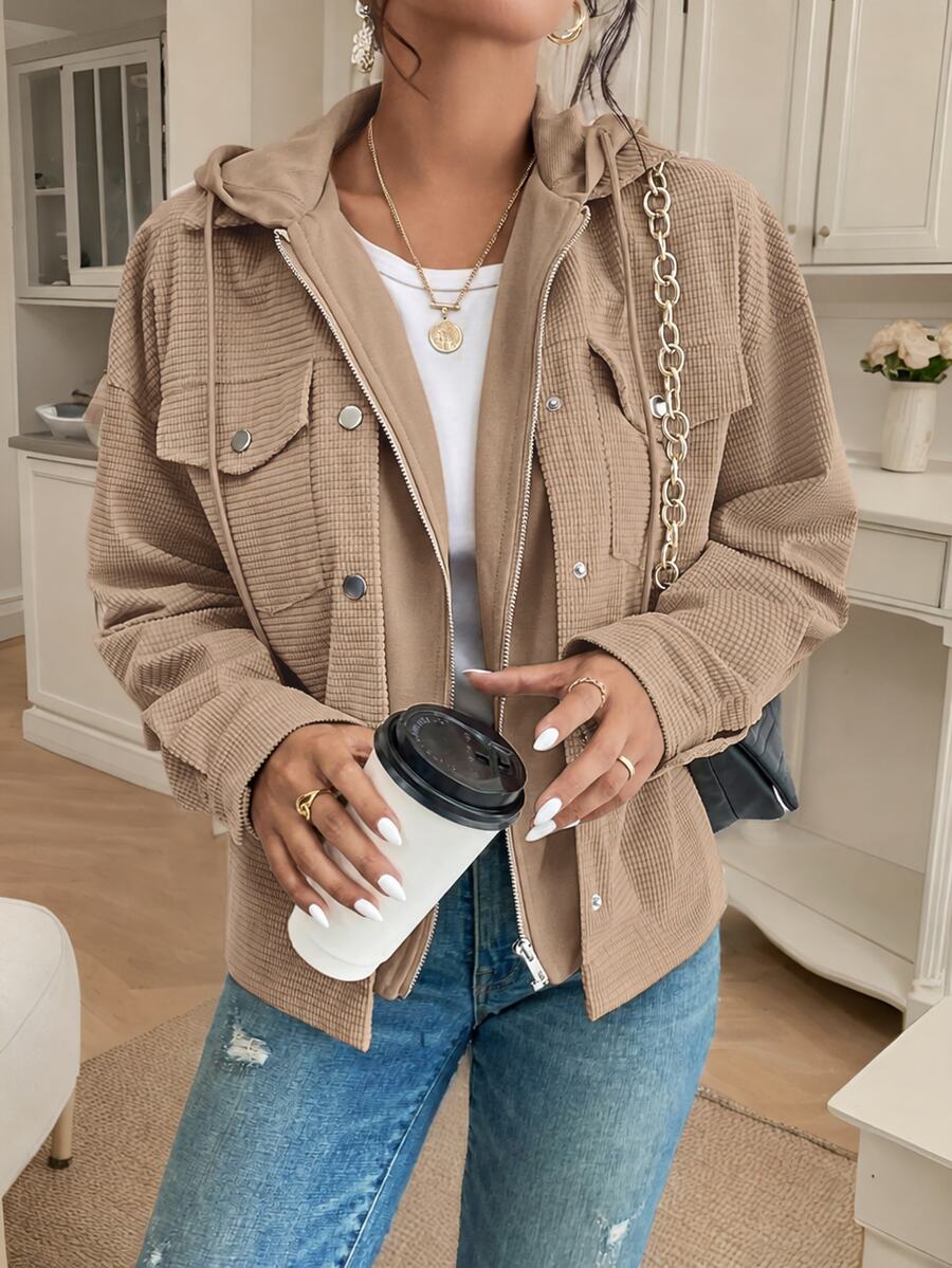 SHEIN Frenchy 女款秋季休閒街頭風落肩連帽 2 合 1 燈芯絨夾克，加熱保暖，通勤、極簡、辦公日常，鈕扣卡其色 - 卡其色 - 查看 1