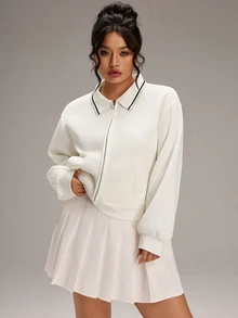 EMERY ROSE Plus Size Women's Colorblock Long Sleeve Zipper Front Casual Jacket - White - View 4