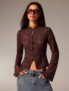 Athîral Women's Lace Fitted Versatile Daily Wear Long Sleeve Top - Brown - View 1