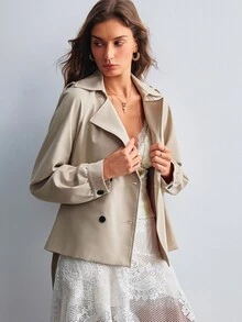Willow Rêve Women's Short Double-Breasted Long Sleeve Khaki Trench Coat - Khaki - View 4