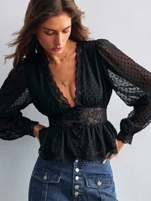 Willow Rêve Women's Lace Patchwork V-Neck Button-Down Black Blouse - Black - View 5
