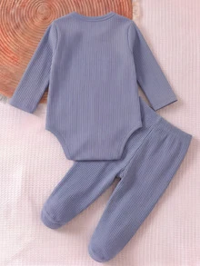 2件組新生兒居家服套裝，嬰兒恐龍刺繡2件套，春秋款羅紋長袖連身衣 + 腳套褲，男嬰分體套裝 - 彩色 - 查看 3