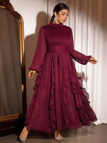 Cravure Gaun Pesta Elegan Ukuran Plus untuk Wanita, Cocok untuk Acara Perjamuan, Ulang Tahun, Kencan, Lengan Panjang dengan Hiasan Rumbai di Bagian Bawah. - Red Violet - View 4