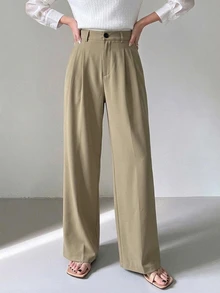 DAZY 女款腰部鈕扣設計百褶雙口袋休閒寬鬆日常百搭長褲 - 卡其色 - 查看 6
