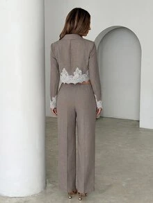 Siren Gaze Women's Short Lace Patchwork Blazer And Pants Set - Khaki - View 2