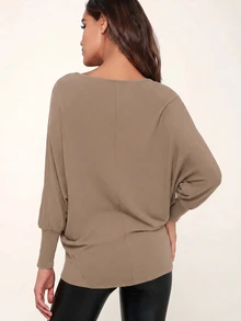 Amorya Women's New Elegant Round Neck Comfortable Knit Casual Top - Khaki - View 2