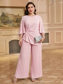 SHEIN Clasi 大尺碼女款仿珍珠裝飾上衣與長褲休閒日常兩件套 - 粉色 - 查看 8