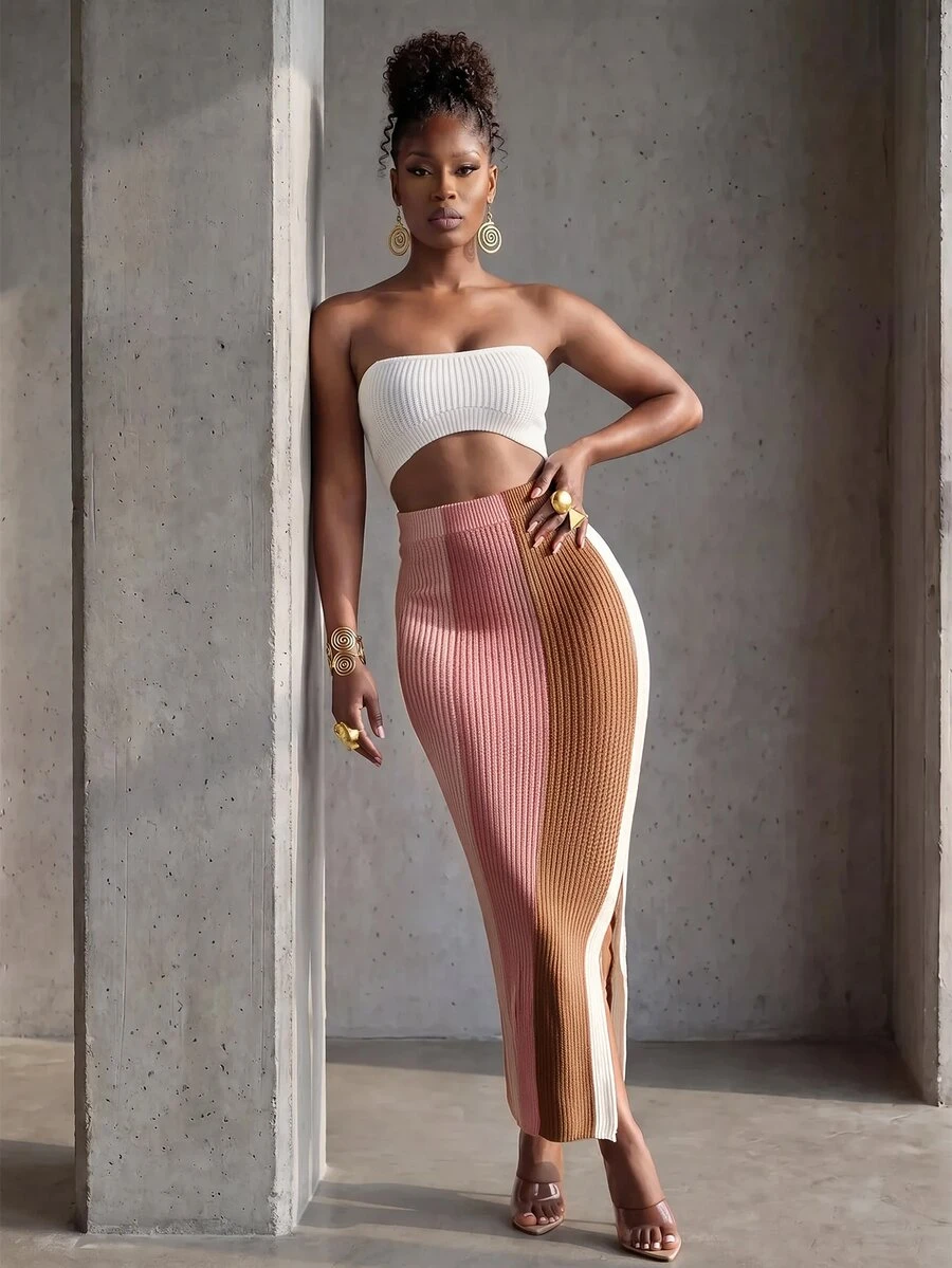 BamGlimmer Women's Fashion Striped Colorblock Side Slit Knit Dress