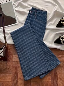 GlowEve Women's Striped Fashion Button Pocket Denim Jeans - Blue - View 1