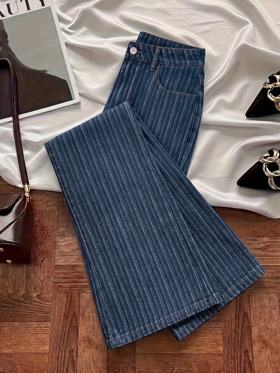 GlowEve Women's Striped Fashion Button Pocket Denim Jeans - Blue - View 1