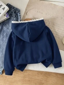 SHEIN 女童灰色與白色花朵蝴蝶結裝飾連帽衛衣外套，適合秋冬外出穿著 - 藍色 - 查看 2