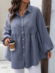 SHEIN LUNE Plus Size Fashion Plaid Button Long Sleeve Shirt For Daily Wear - Navy Blue - View 3