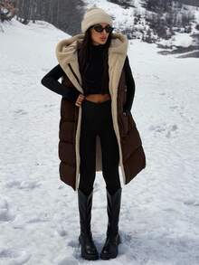 SHEIN Clasi Two-Tone Reversible Padded Zipper Front Pockets Drawstring Hood Vest Jacket - Brown - View 3