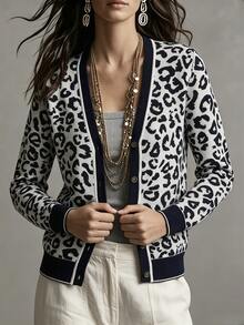 SHEIN Women's Leopard Print Casual Versatile Daily Wear Cardigan - Multicolor - View 5