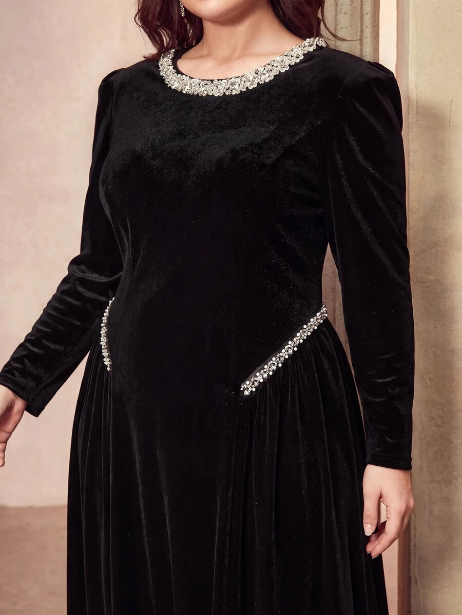 MOTF PREMIUM WOMEN'S PLUS SIZE PATCHWORK RHINESTONE TRIM LONG SLEEVE ELEGANT DRESS - Black - View 1