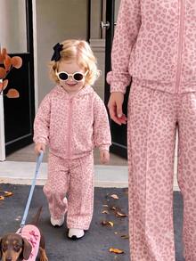 2pcs/Set Baby Girl Pink Leopard Print Zipper Long Sleeve Sweatshirt And Sweatpants Set, Cute Autumn/Winter 2 Pieces Sportswear Outfit - Multicolor - View 2