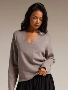 COSMINA Women's Solid Color V-Neck Dropped Shoulder Long Sleeve Casual Sweater - Khaki - View 1