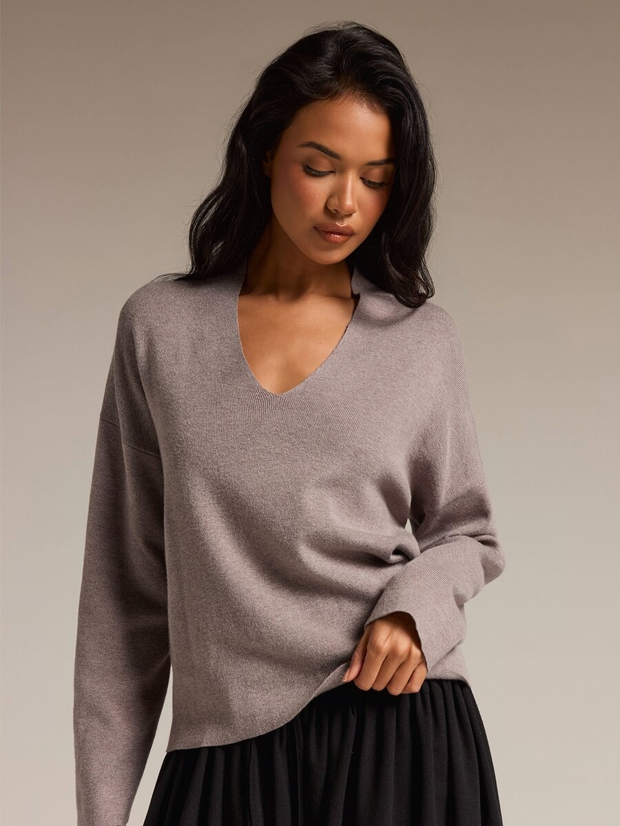 COSMINA Women's Solid Color V-Neck Dropped Shoulder Long Sleeve Casual Sweater - Khaki - View 1
