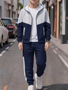 SHEIN 2件組兒童青少年男孩休閒運動日常百搭舒適拼色落肩袖連帽寬鬆套頭衛衣長袖運動外套收口寬鬆運動長褲針織運動套裝，適合日常穿著、上學、旅行、運動，秋冬款 - 藏蓝色 - 查看 7