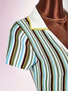 Amplova Colorblock Striped Polo Collar Cinched Waist A-Line Knit Mini Dress - Multicolor - View 8