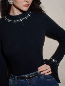 Anewsta Women's New Small Stand Collar Bell Sleeve Rhinestone Embellished Elegant Versatile Long Sleeve Base Layer Top - Royal Blue - View 2