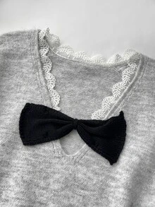 Elamini Women's Autumn/Winter Fashion Elegant Versatile Party Photo-Ready Hollow Bow Pullover Sweater - Grey - View 6