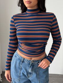 SHEIN EZwear Plus Size Women's Striped Casual Long Sleeve T-Shirt For Daily Wear - Navy Blue - View 6