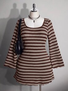 SHEIN ICON 大尺碼彩色條紋露背喇叭袖針織洋裝 - 咖啡棕 - 查看 4