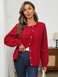 EMERY ROSE كارديجان نسائي بلون موحد وأكمام طويلة وأزرار أمامية بتصميم كاجوال من الصوف المحبوك - الأحمر - مشاهدة 8