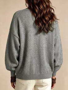 Linhara CURVE Plus Size Vintage Fashion Button Long Sleeve Knit Cardigan - Grey - View 2